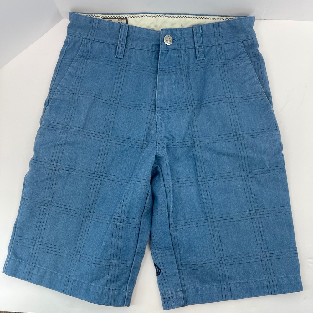 Volcom Frickin Plaid Chino Shorts Boys Size 26 Blue Flat Front Shorts Skater
